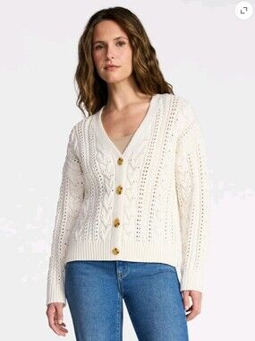 Time And Tru Cable Knit Cardigan Sweater New Cream